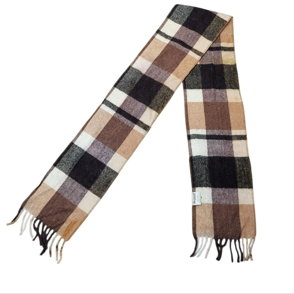 Marangani Plaid Wool Scarf  Brown, Black Tan Fringe